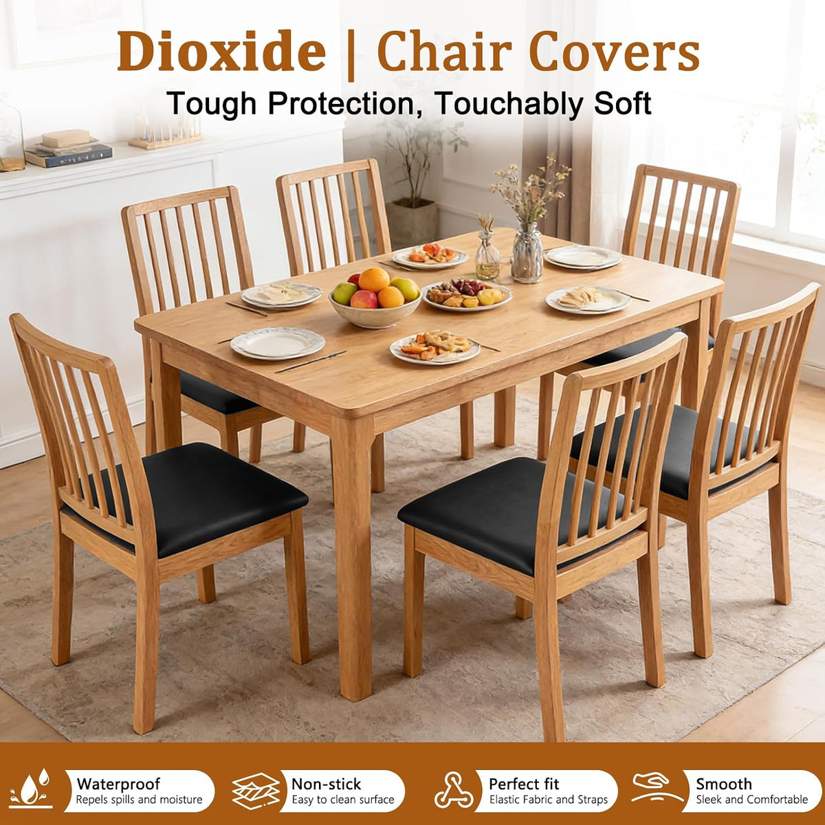 Dioxide Seat Covers Waterproof PU Leather Chair Covers Set of 6 for Dining Chairs,Stretch Fit Removable Chair Seat Protector Slipcovers with Elastic Band for Kitchen, Hotel (Black)