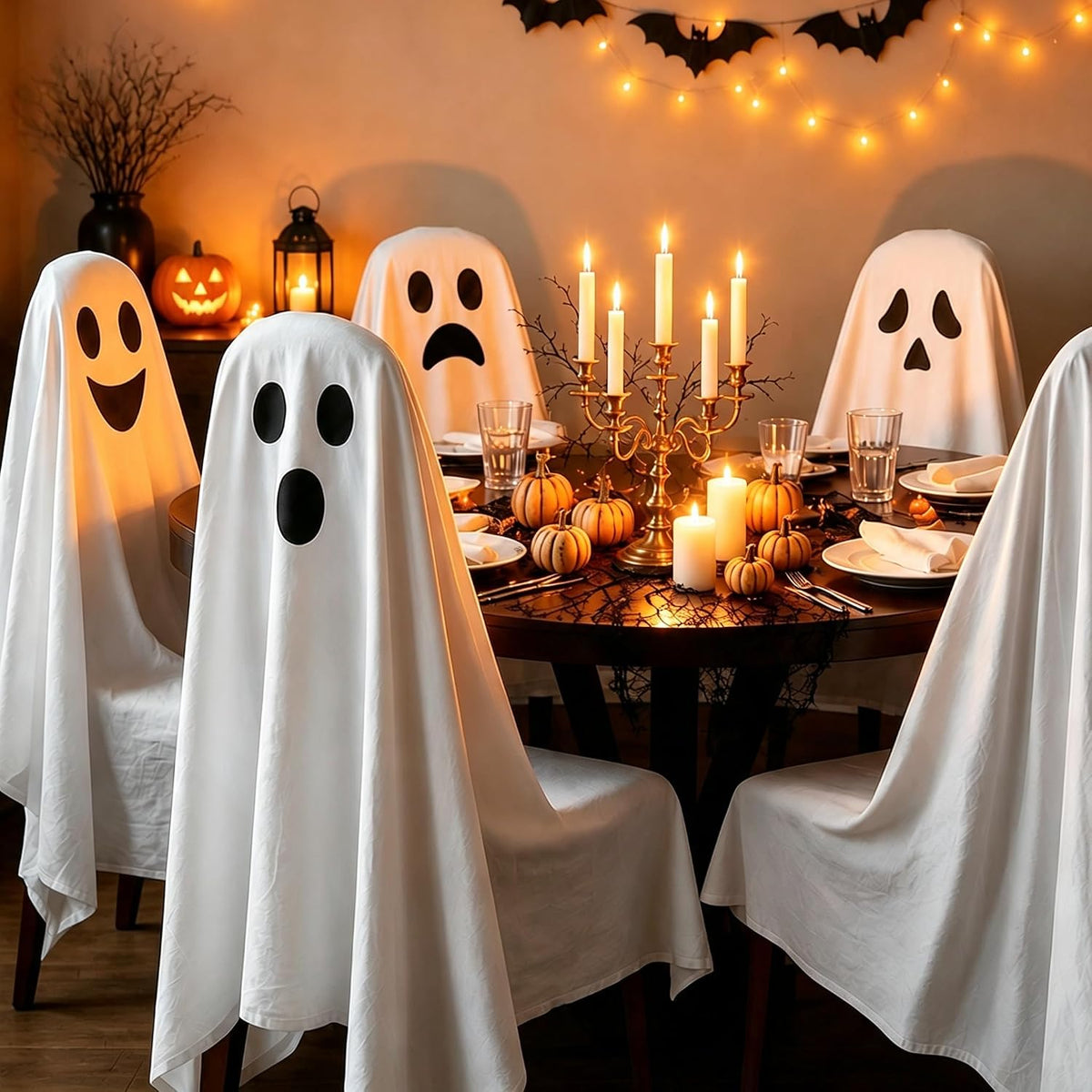 4 Pcs Halloween Chair Covers 59 × 63inch White Ghost Decor
