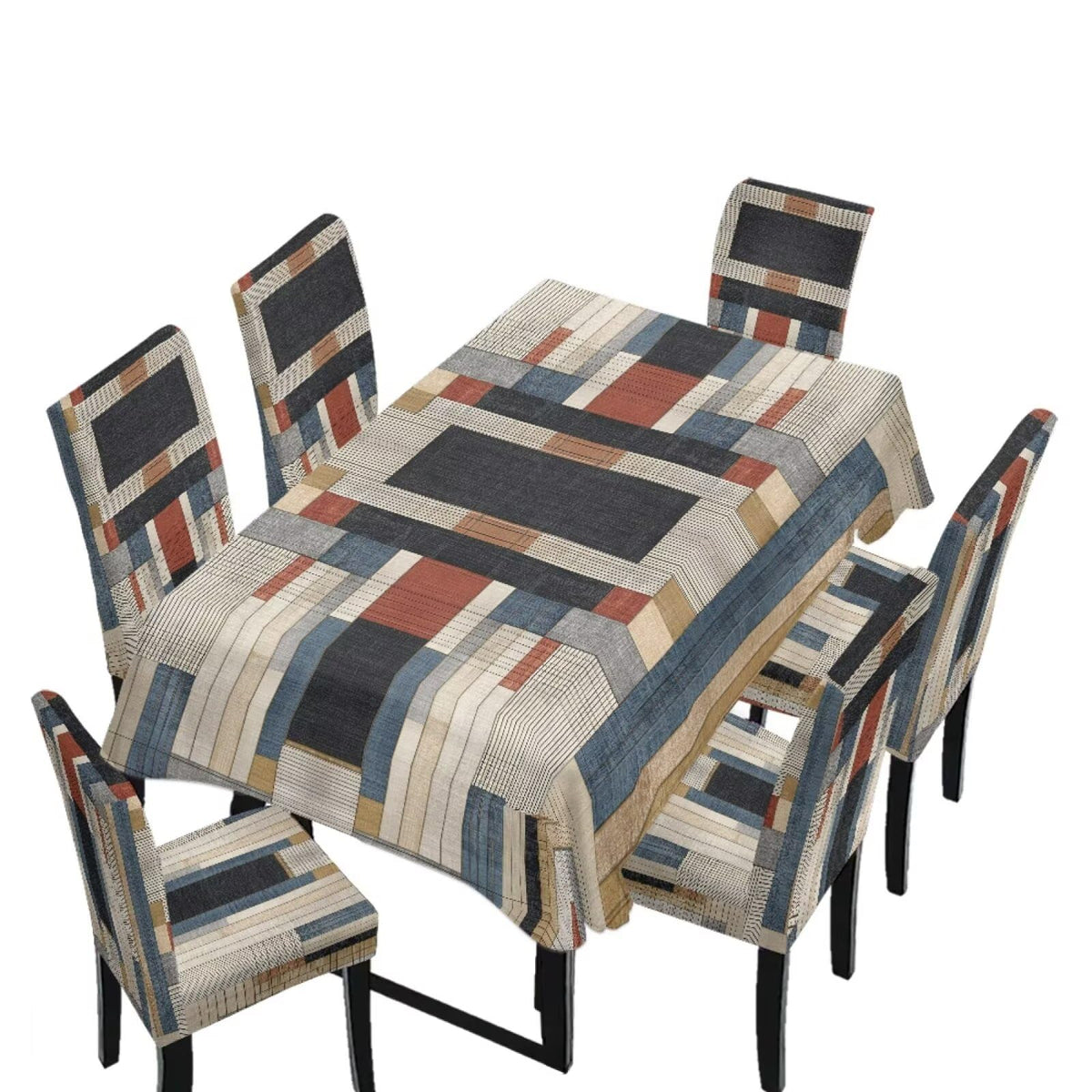 Dining Seat Slipcovers Set of 7 Includes Tablecloths, Removable Dining Room Chair Covers Stain Resistant Table Protector for Home Restaurant, Light Brown Beige Geometry Patchwork