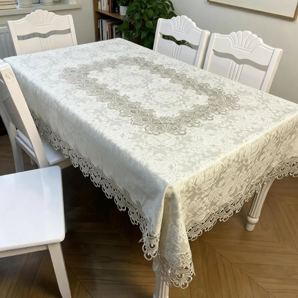 Embroidered Tablecloth, European Style Durable Heat-Resistant Easy-Clean Rectangular Cloth, Lace Trim, Ideal for Kitchen Dining Living Room Cafe, Multiple Sizes Available