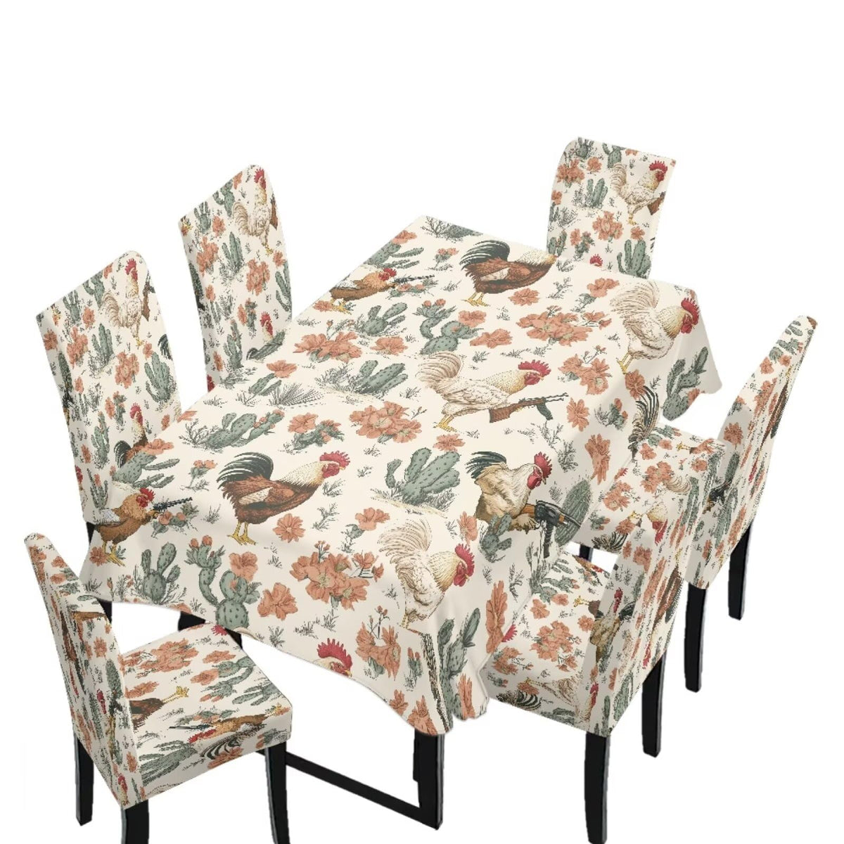 Stain Resistant Tablecloths and Dining Seat Covers Set of 5, Kitchen Chair Slipcovers Washable Table Slipcover Chair Seat Covers for Kitchen Restaurant, Chicken Cactus Print