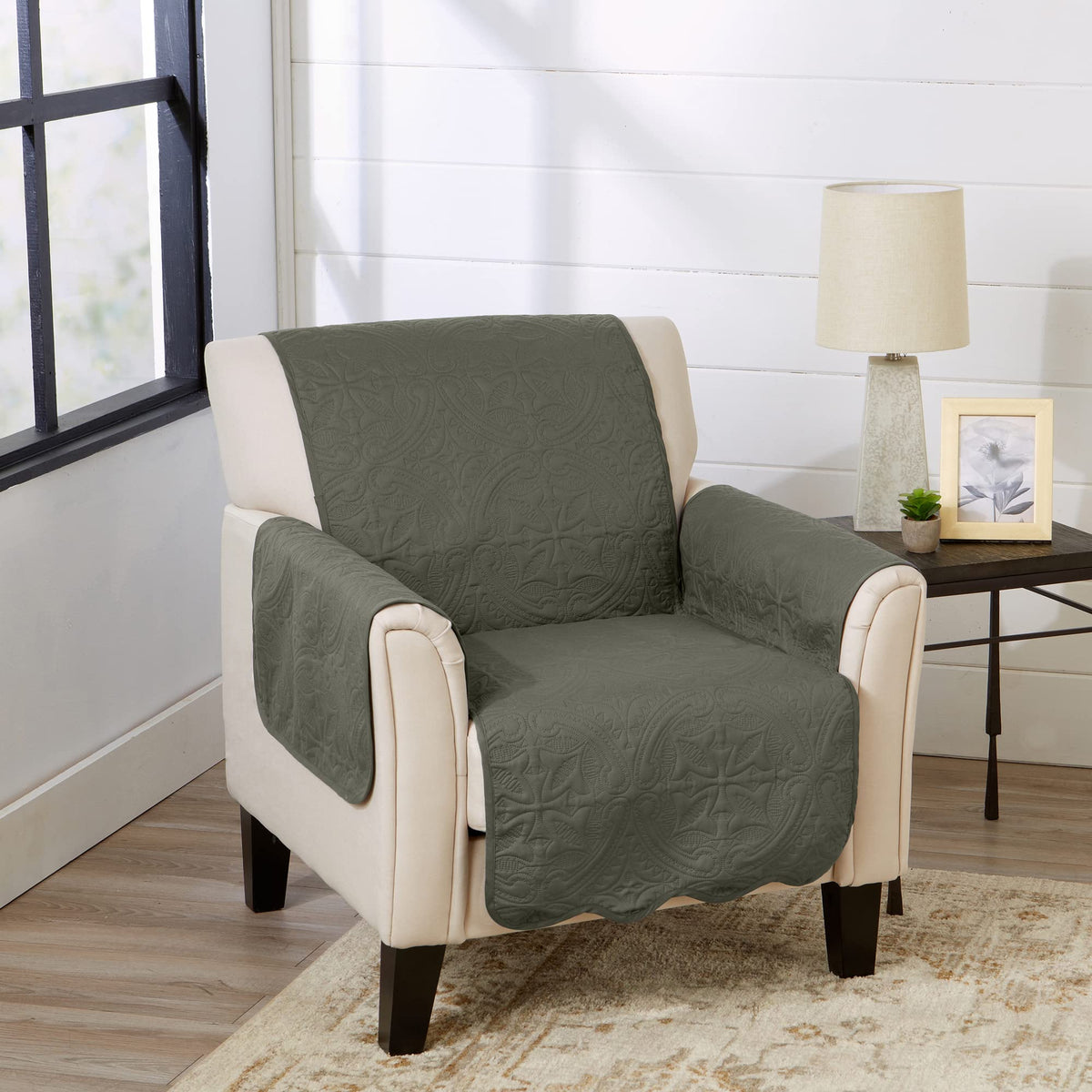 Great Bay Home Reversible Patchwork Sofa Cover - Washable Slipcover Furniture Protector with Elastic Straps - Perfect for Kids & Pets - Box-Stitched Detail (Taupe)