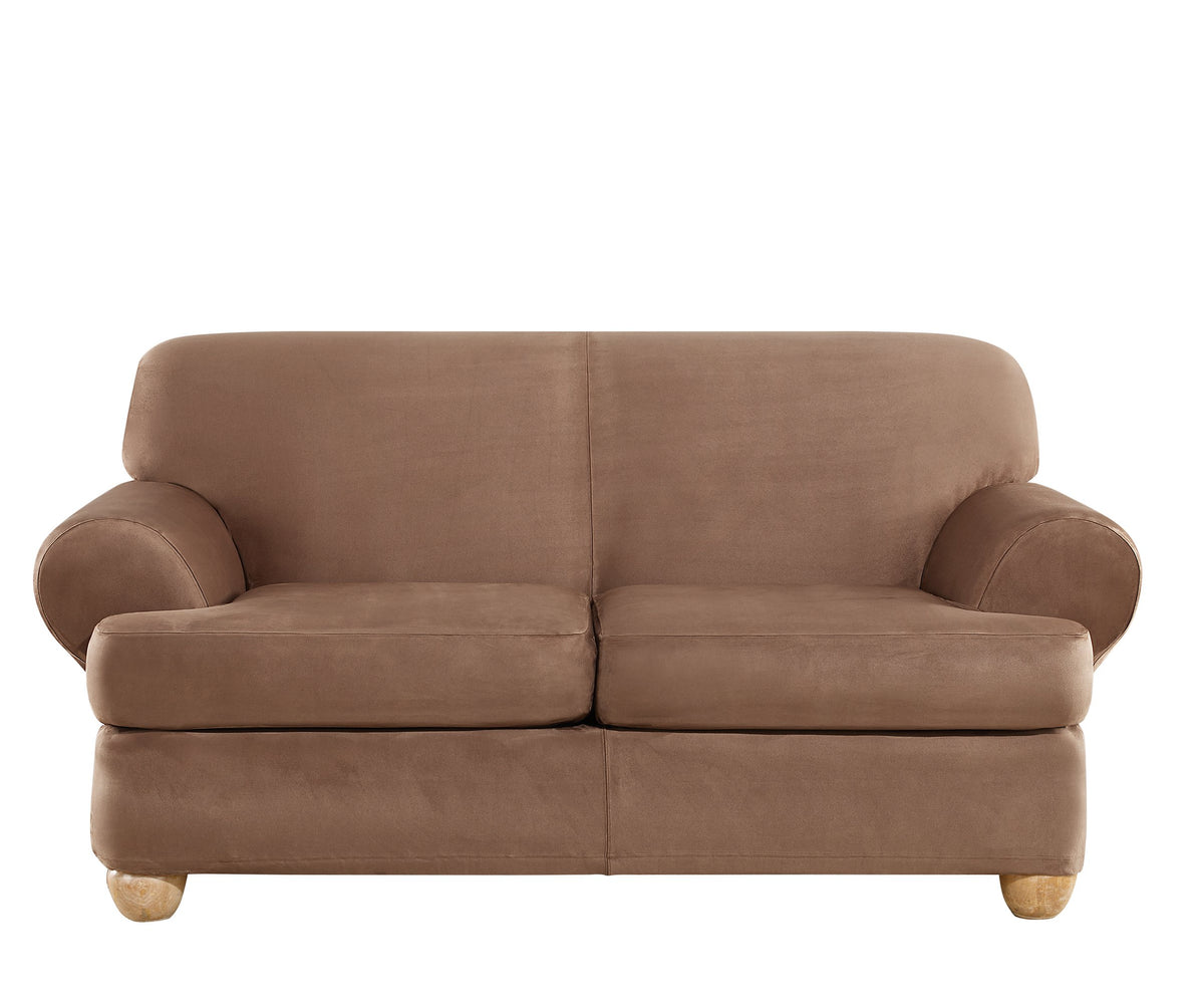 SureFit Home Décor Soft Suede Box Cushion Loveseat One Piece Slipcover, Relaxed Fit, Polyester, Machine Washable, Chocolate Color