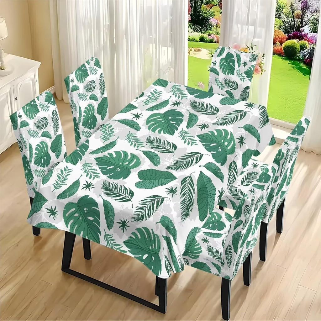 Palm Leaves Rectangular Table Cloth & Dining Chair Covers Set of 5, Stain Resistant Wipeable Chair Protectors for Farmhouse Rustic Home Kitchen Party Decor