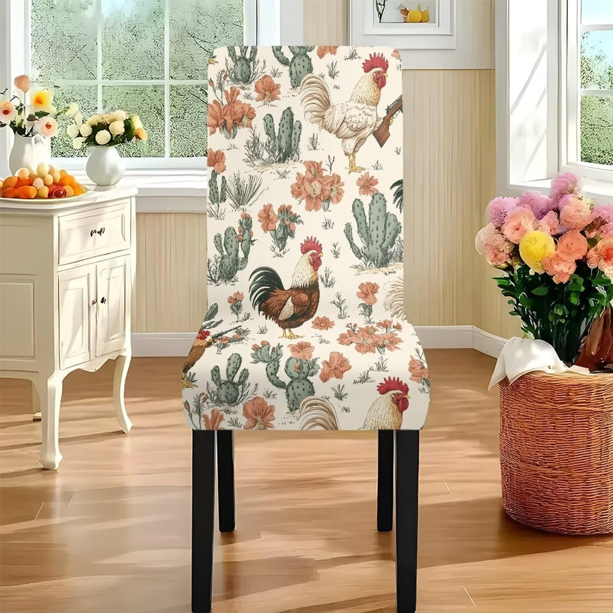 Stain Resistant Tablecloths and Dining Seat Covers Set of 5, Kitchen Chair Slipcovers Washable Table Slipcover Chair Seat Covers for Kitchen Restaurant, Chicken Cactus Print