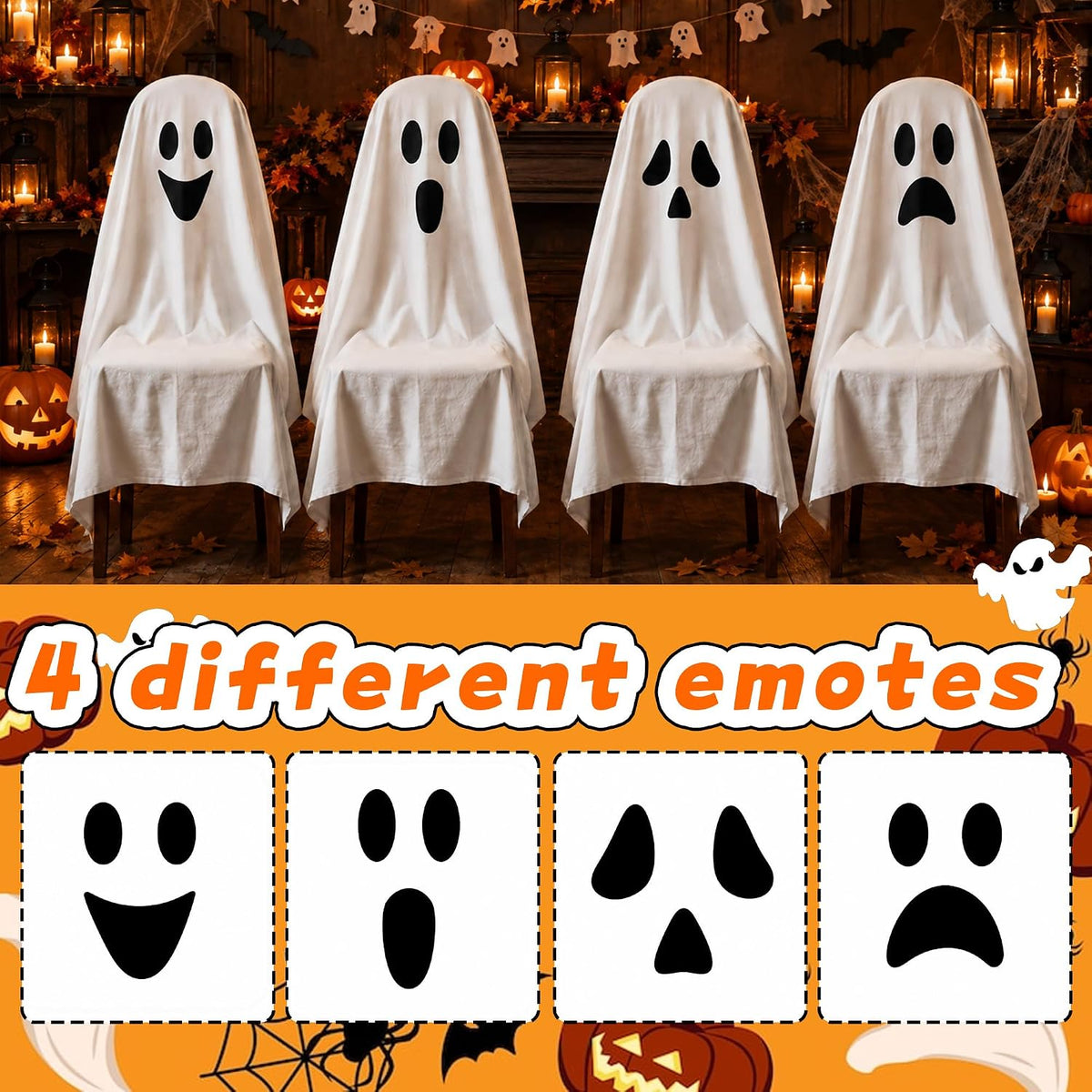 4 Pcs Halloween Chair Covers 59 × 63inch White Ghost Decor