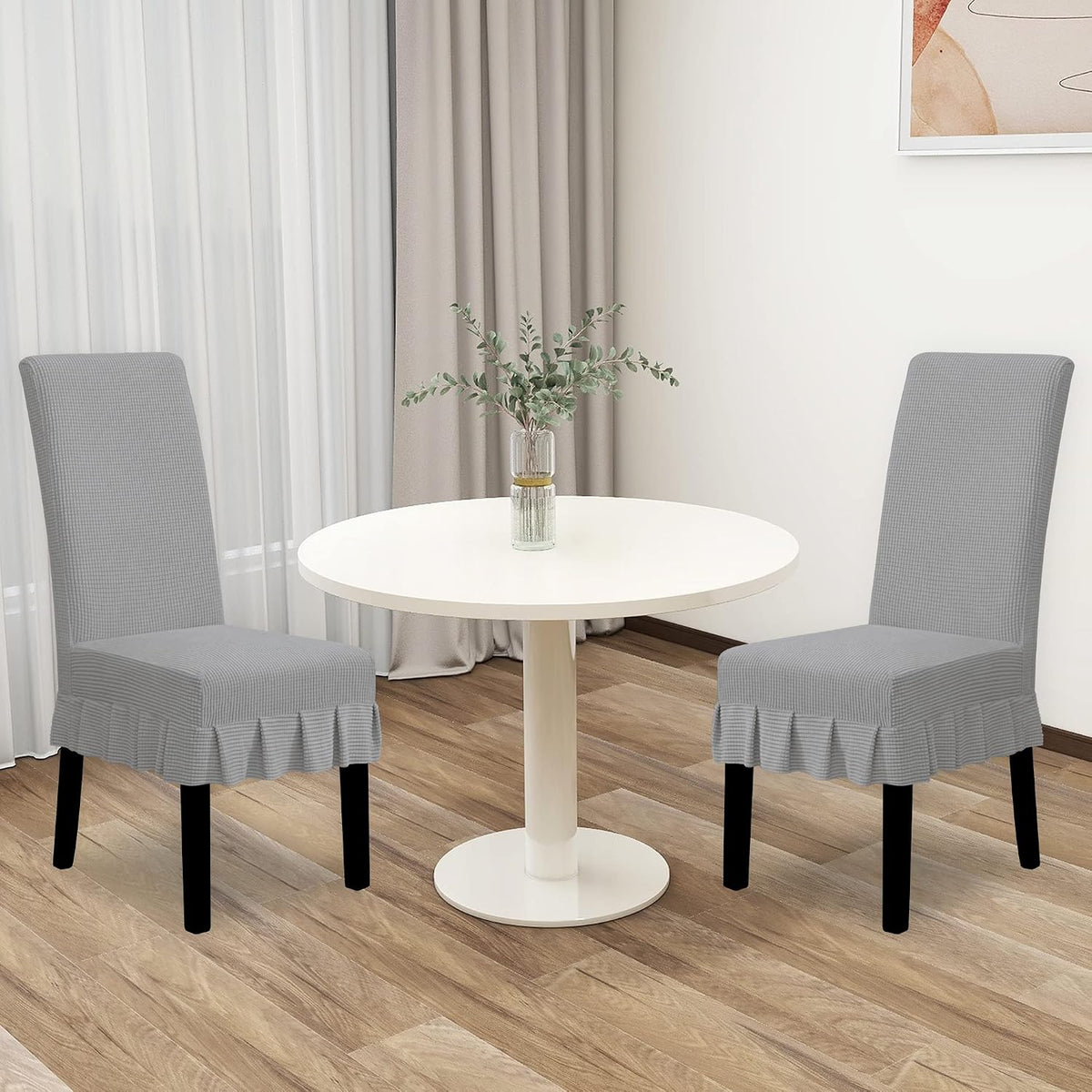 Easy-Going 2 PCS Stretch Dining Room Chair Covers with Skirt, Light Gray