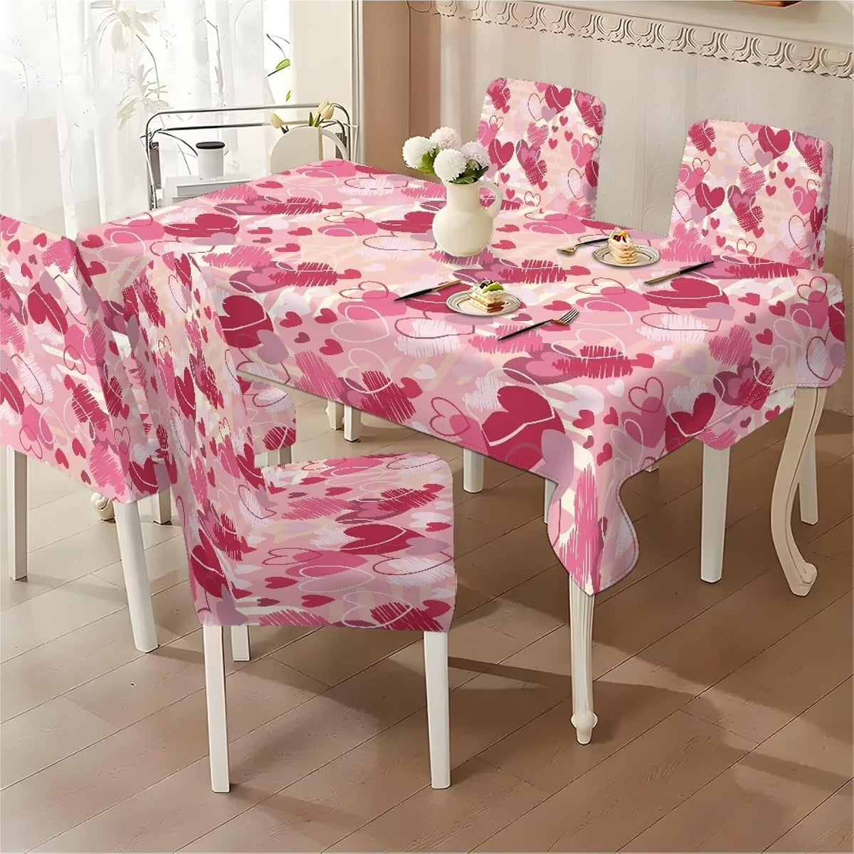 ZDCUSTOM Valentines Table Cloth and Chair Cover Set of 4 Romantic Tablecloths Rectangular Pink Chair Covers for Dining Chairs Stain Resistant Decoration