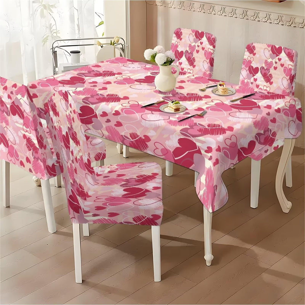 ZDCUSTOM Valentines Table Cloth and Chair Cover Set of 4 Romantic Tablecloths Rectangular Pink Chair Covers for Dining Chairs Stain Resistant Decoration