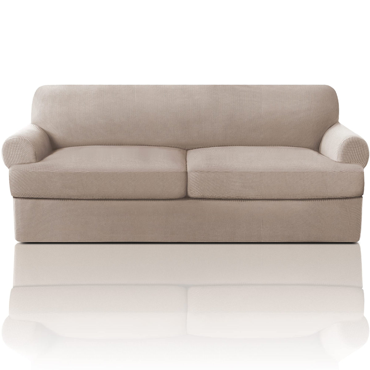 PrinceDeco T Cushion Loveseat Slipcover - 3 Pieces Sofa Cover for 2 Cushion Couch with 2 Individual T Shape Seat Covers Width Up to 76 Inch - Stretch, Machine Washable, Porcelain