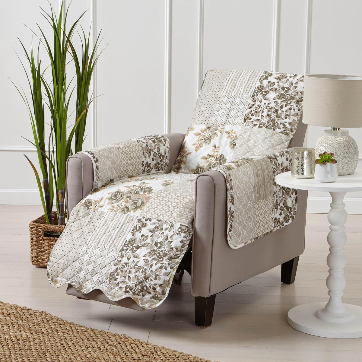 Great Bay Home Reversible Patchwork Loveseat Cover - Washable Slipcover Furniture Protector with Elastic Straps - Perfect for Kids & Pets - Box-Stitched Detail (Taupe)