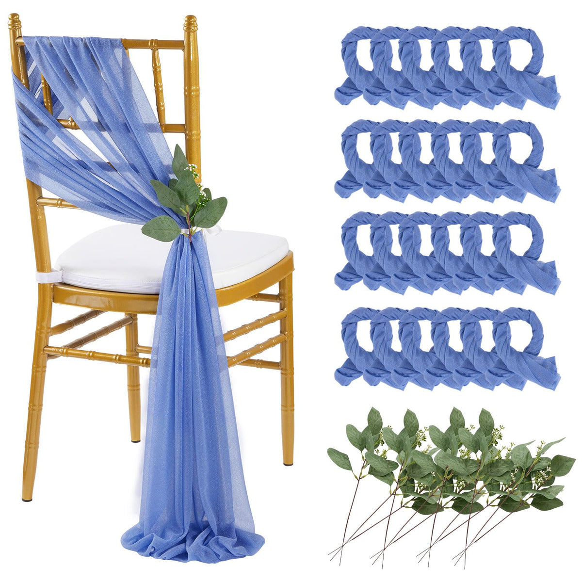 QueenDream White Chair Sashes Wedding Aisle Decorations: 24 Packs 8ft Long Draping Fabric Sheer Church Chair Cover Bulk for Party Banquet