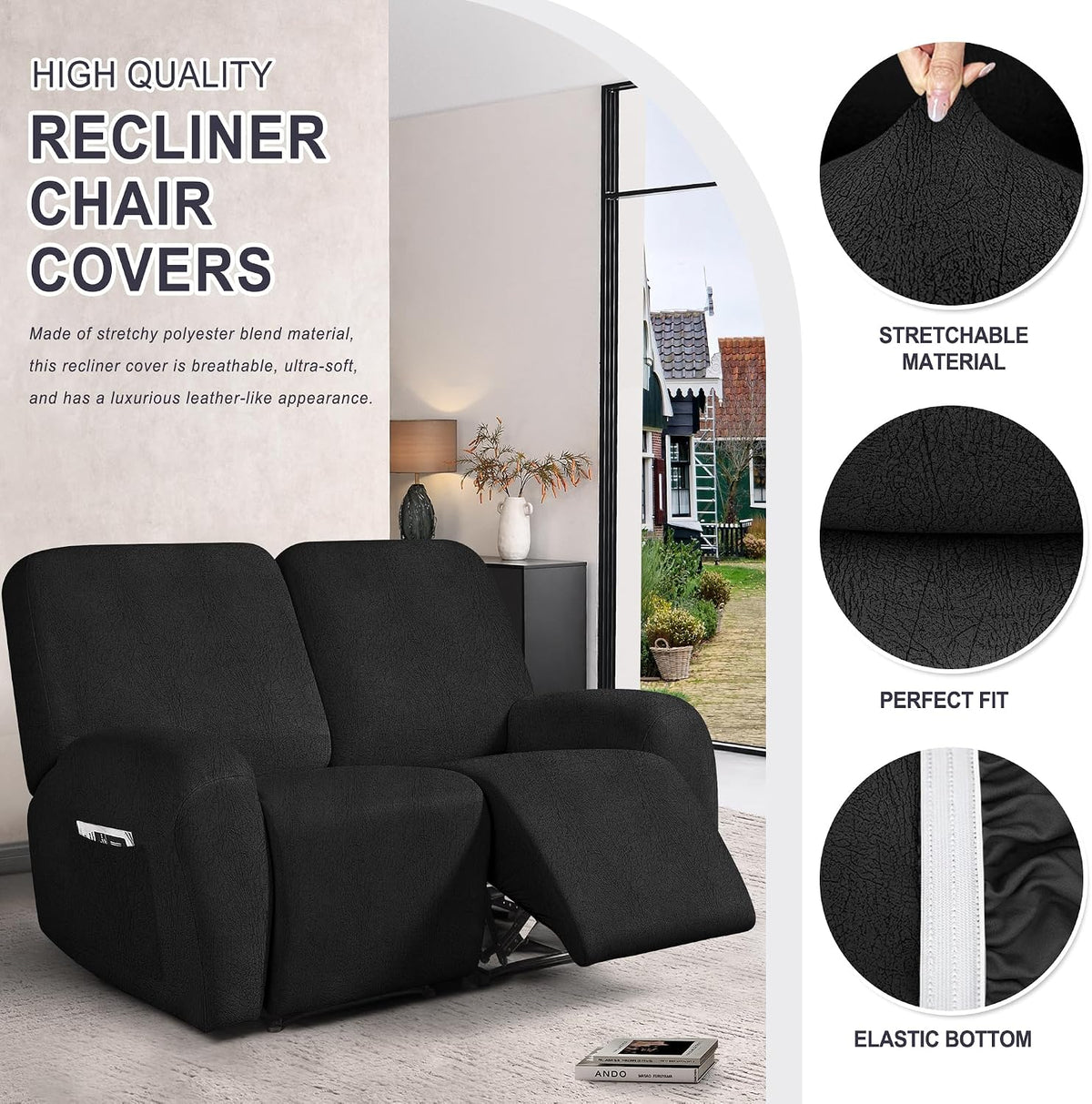 ANARACHON Leather Look Loveseat Recliner Cover, 6-Pieces Stretch Dual Recliner Sofa Covers, Soft Reclining Couch Slipcover, Washable Furniture Protector for Pets (2 Seater,256 Black)