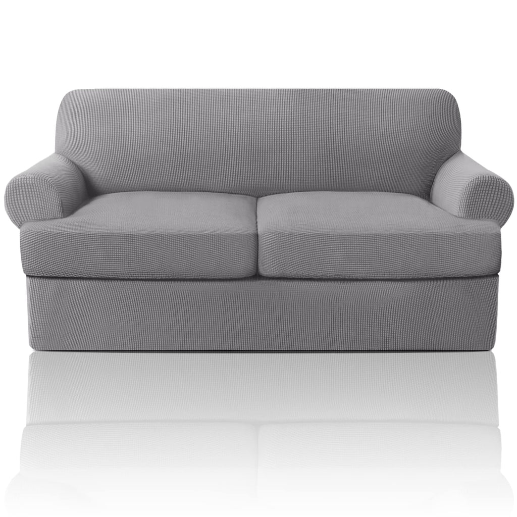 PrinceDeco T Cushion Loveseat Slipcover - 3 Pieces Sofa Cover for 2 Cushion Couch with 2 Individual T Shape Seat Covers Width Up to 76 Inch - Stretch, Machine Washable, Porcelain
