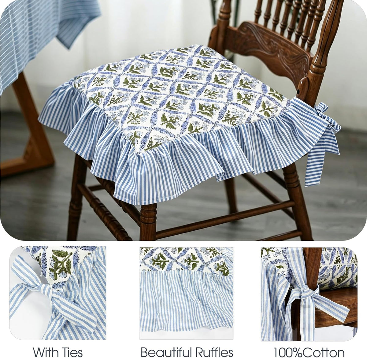 4 Pack Blue Ruffled Chair Cushion Covers 17.5x17.5 in Square