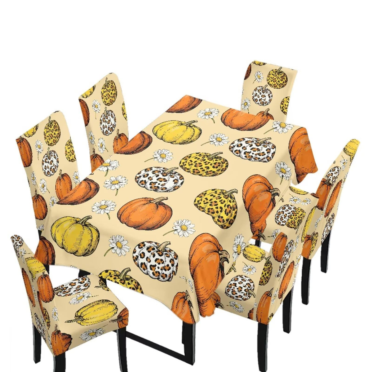 Fall Pumpkin Rectangular Table Cloth & Dining Chair Covers Set of 7, Stain Resistant Wipeable Chair Protectors for Farmhouse Rustic Home Kitchen Party Decor