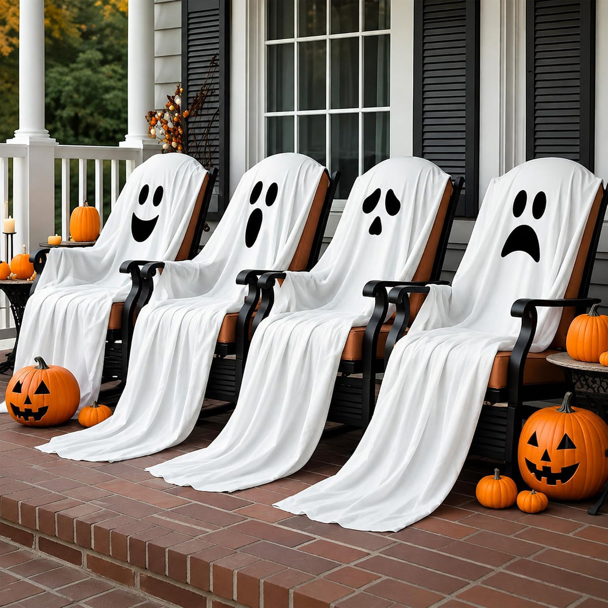 4 Pcs Halloween Chair Covers 59 × 63inch White Ghost Decor