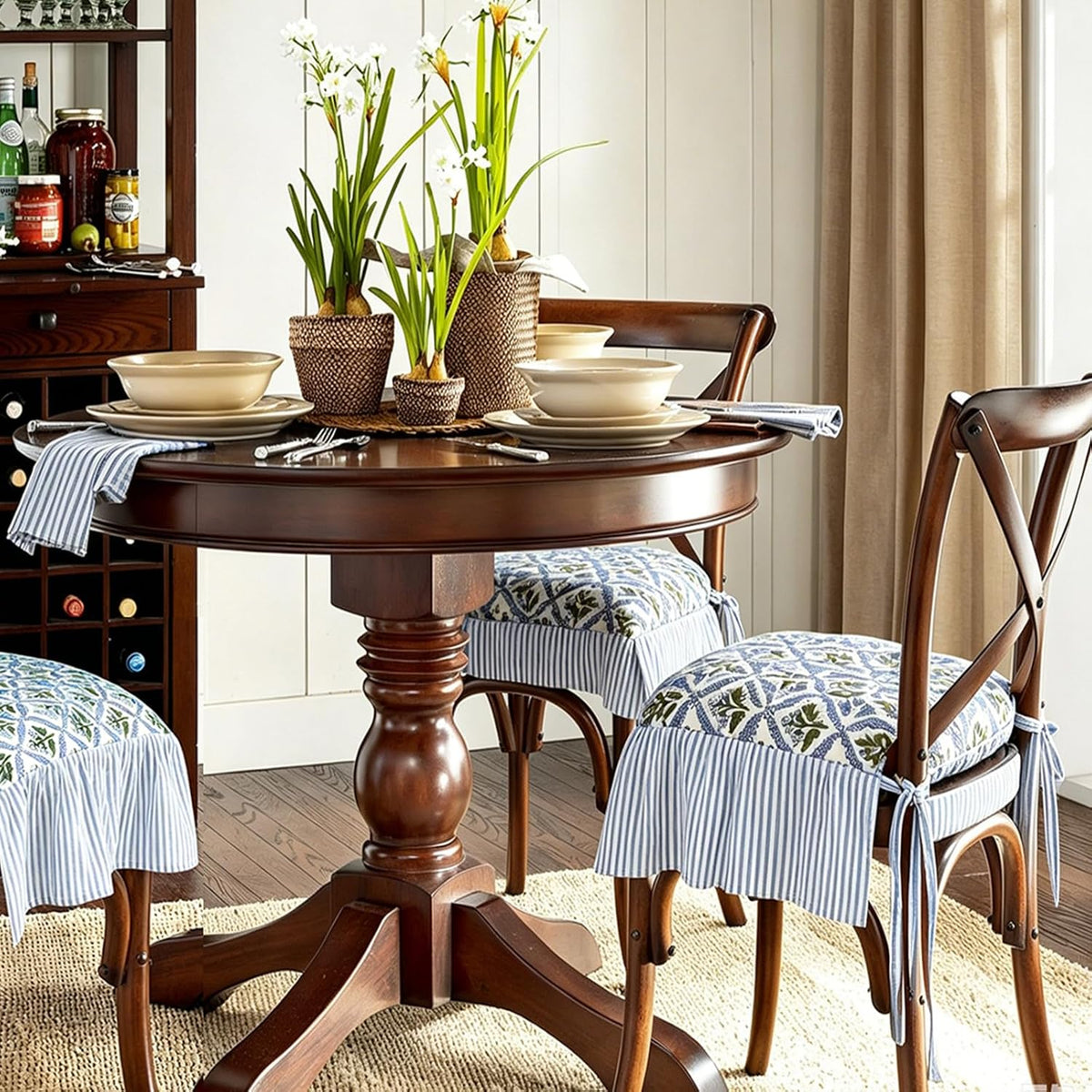 4 Pack Blue Ruffled Chair Cushion Covers 17.5x17.5 in Square