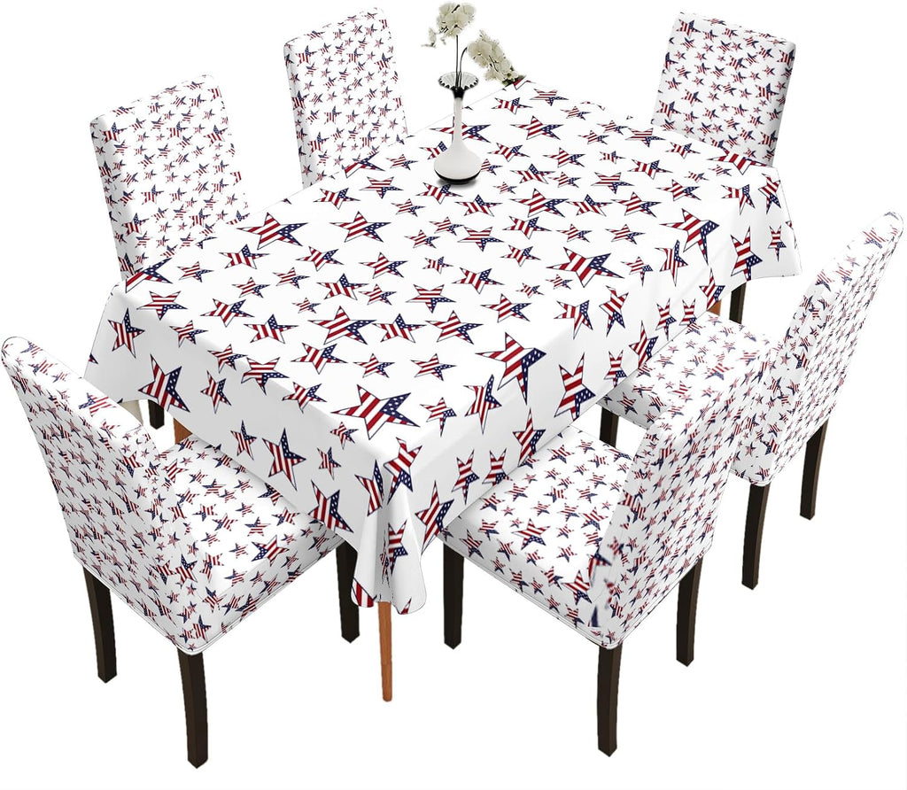 Table and Chair Decoration Protective Cover, with American Flag Star Pattern Background, Dirt Resistant, Detachable and Washable, Suitable for Chair Decoration (4PC Chair Cover+1PC Tablecloth)