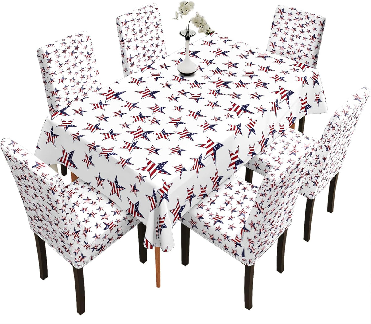 Table and Chair Decoration Protective Cover, with American Flag Star Pattern Background, Dirt Resistant, Detachable and Washable, Suitable for Chair Decoration (4PC Chair Cover+1PC Tablecloth)