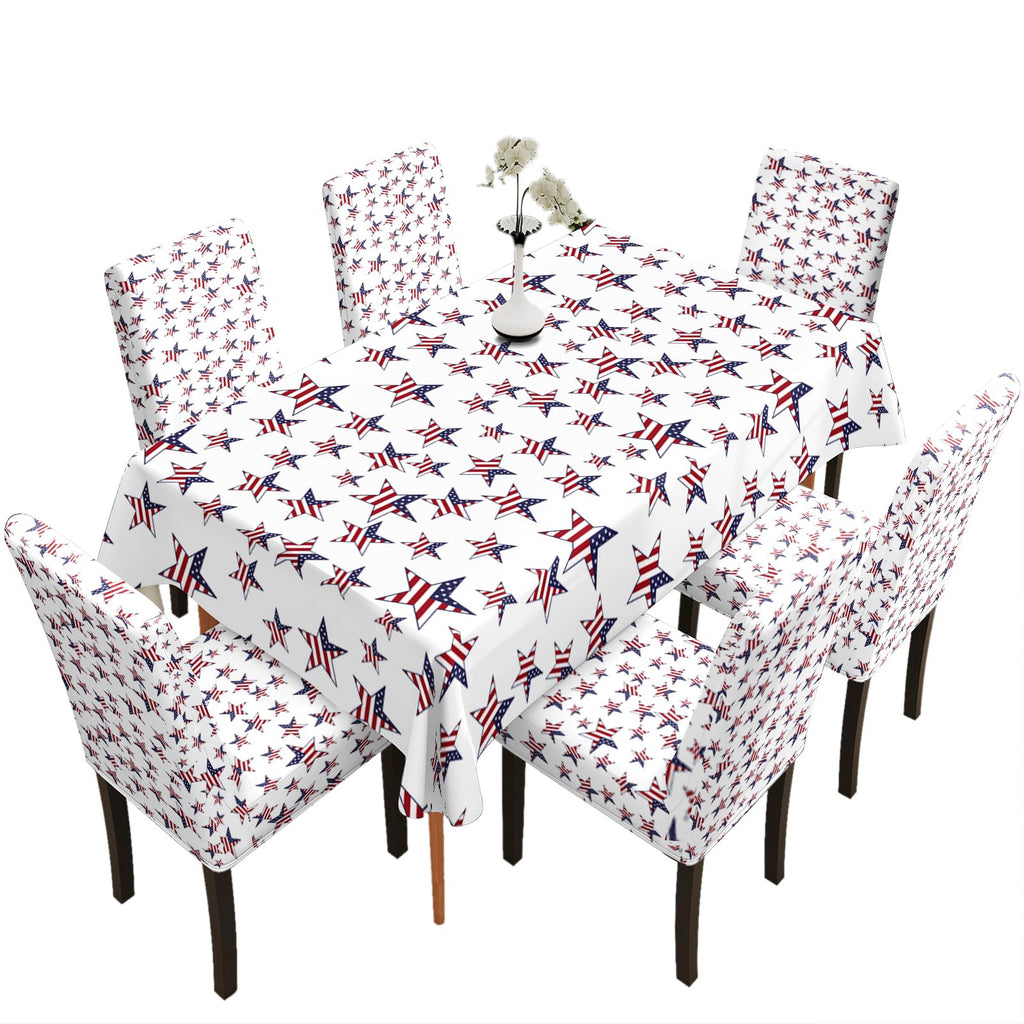 Table and Chair Decoration Protective Cover, with American Flag Star Pattern Background, Dirt Resistant, Detachable and Washable, Suitable for Chair Decoration (4PC Chair Cover+1PC Tablecloth)