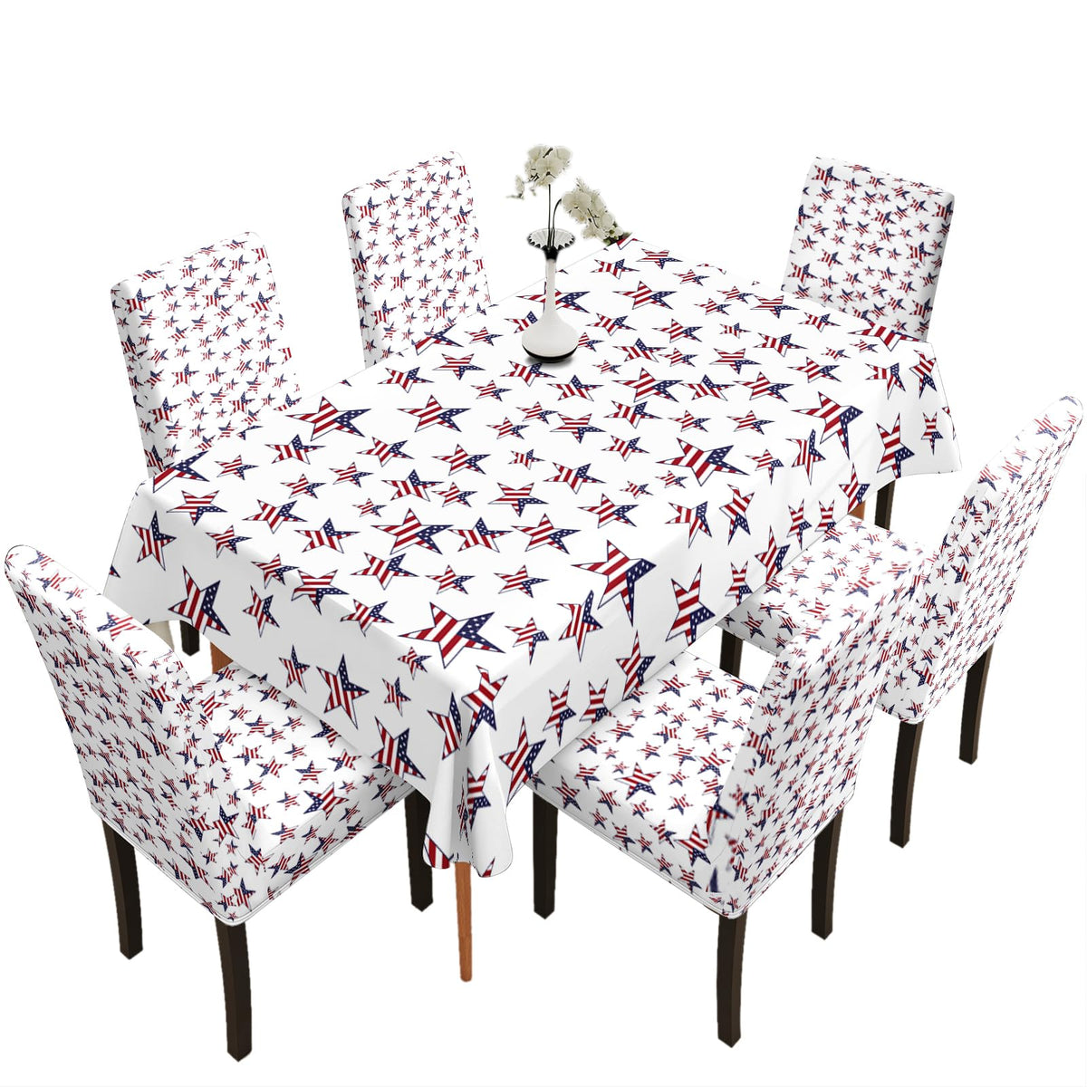 Table and Chair Decoration Protective Cover, with American Flag Star Pattern Background, Dirt Resistant, Detachable and Washable, Suitable for Chair Decoration (4PC Chair Cover+1PC Tablecloth)