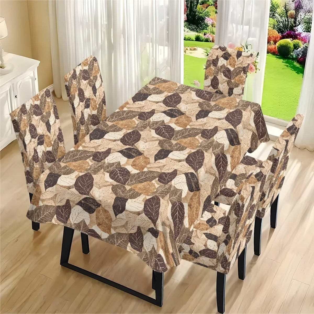 Thanksgiving Themed Dining Room Chair Cover and Tablecloths 5 Packs, Fall Leaf Print Kitchen Chair Seat Slipcovers Anti-Wrinkle Table Protector for Thanksgiving Day Party