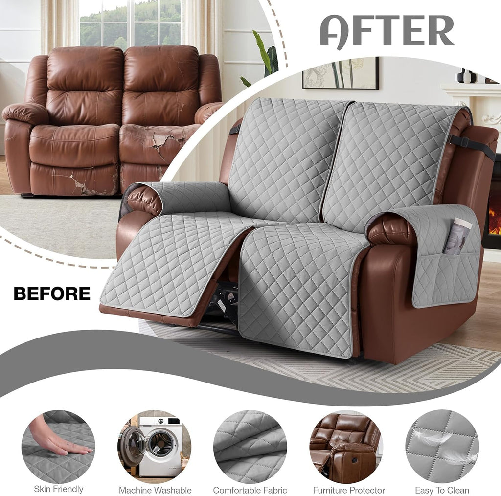 KinCam Waterproof Loveseat Recliner Covers Washable, 2 Seater, Light Gray
