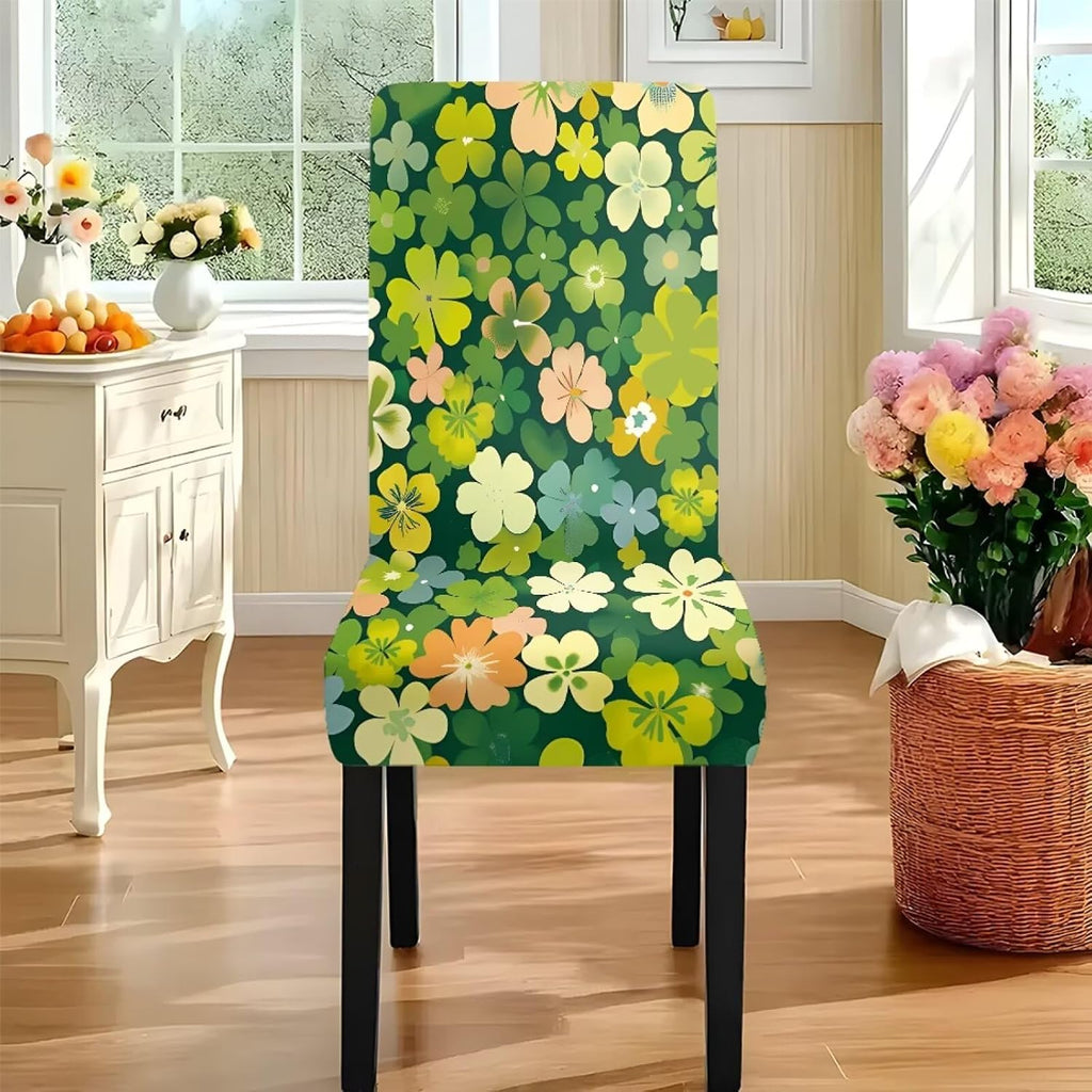 Stretch Dining Table Cloth and Chair Covers Set, 4 Seater Table Cover Anti-Wrinkle Parsons Chair Slipcovers Machine Washable Seat Protector for St. Patrick's Day Decor, Green Shamrock