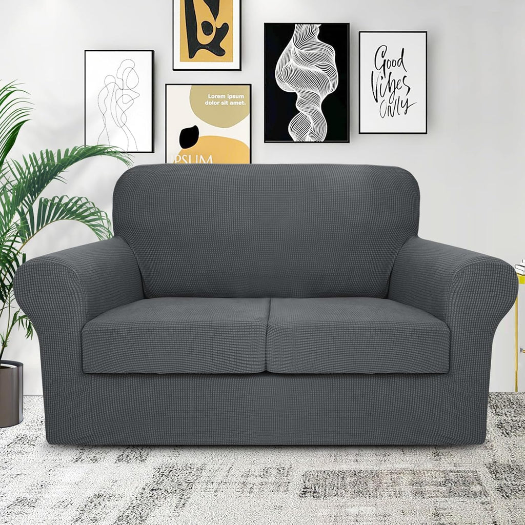 ZNSAYOTX 3-Piece Loveseat Slipcovers High Stretch Spandex Sofa Slip Cover Living Room Love Seat Couch Covers for 2 Cushion Couch Jacquard Small Checks Furniture Protector (Dark Grey, Loveseat)