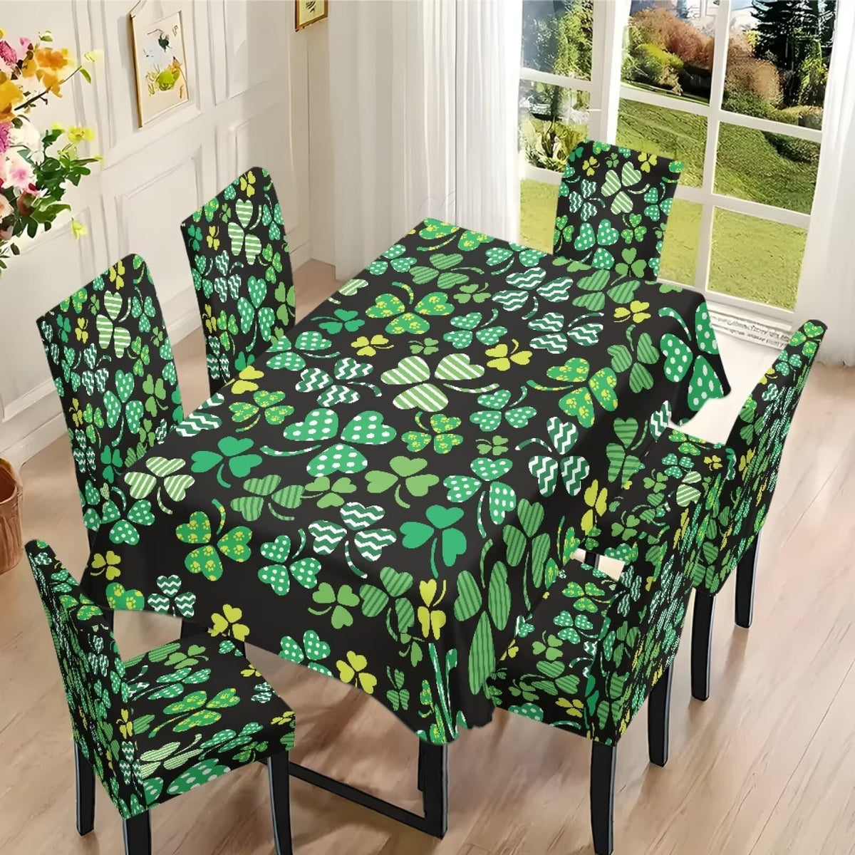 ZDCUSTOM St Patricks Day Table Cloth and Chair Cover Set of 4 Green Tablecloths Rectangular Festive Chair Covers for Dining Chairs St. Patrick’s Day Decoration