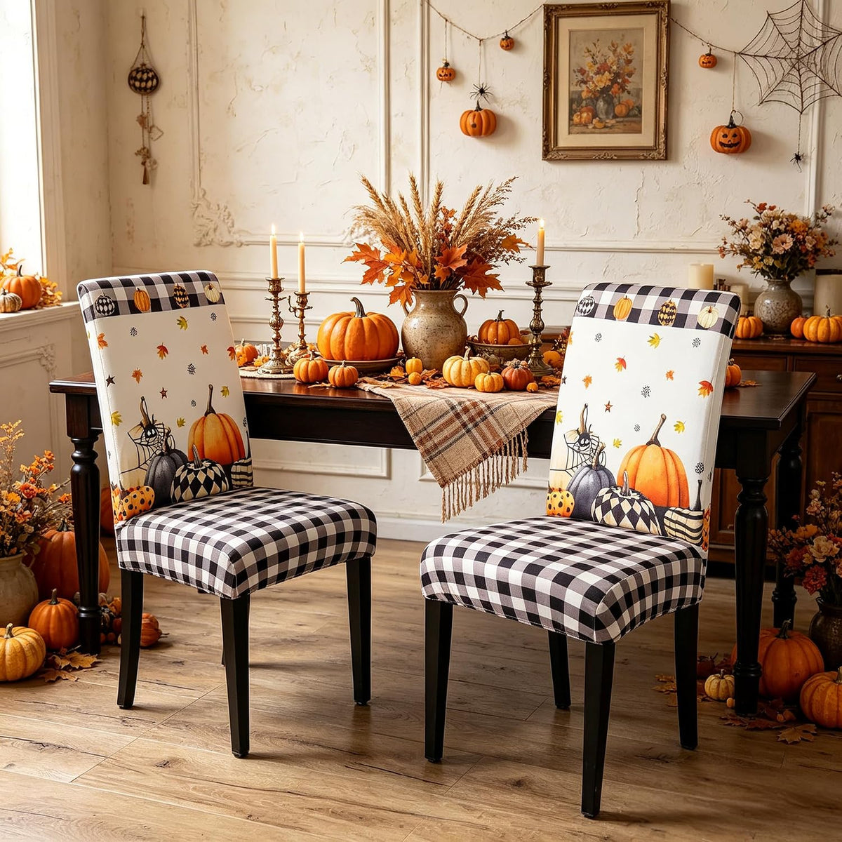 Halloween Chair Covers Set of 4, Fall Pumpkin Black/White Buffalo Plaid Chairs Slipcover for Dining Room, Removable Washable Breathable Cover in the Kitchen Restaurant Holiday Decor