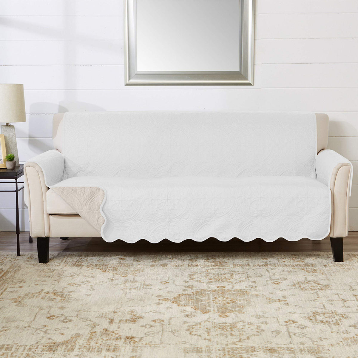 Great Bay Home Reversible Patchwork Loveseat Cover - Washable Slipcover Furniture Protector with Elastic Straps - Perfect for Kids & Pets - Box-Stitched Detail (Taupe)