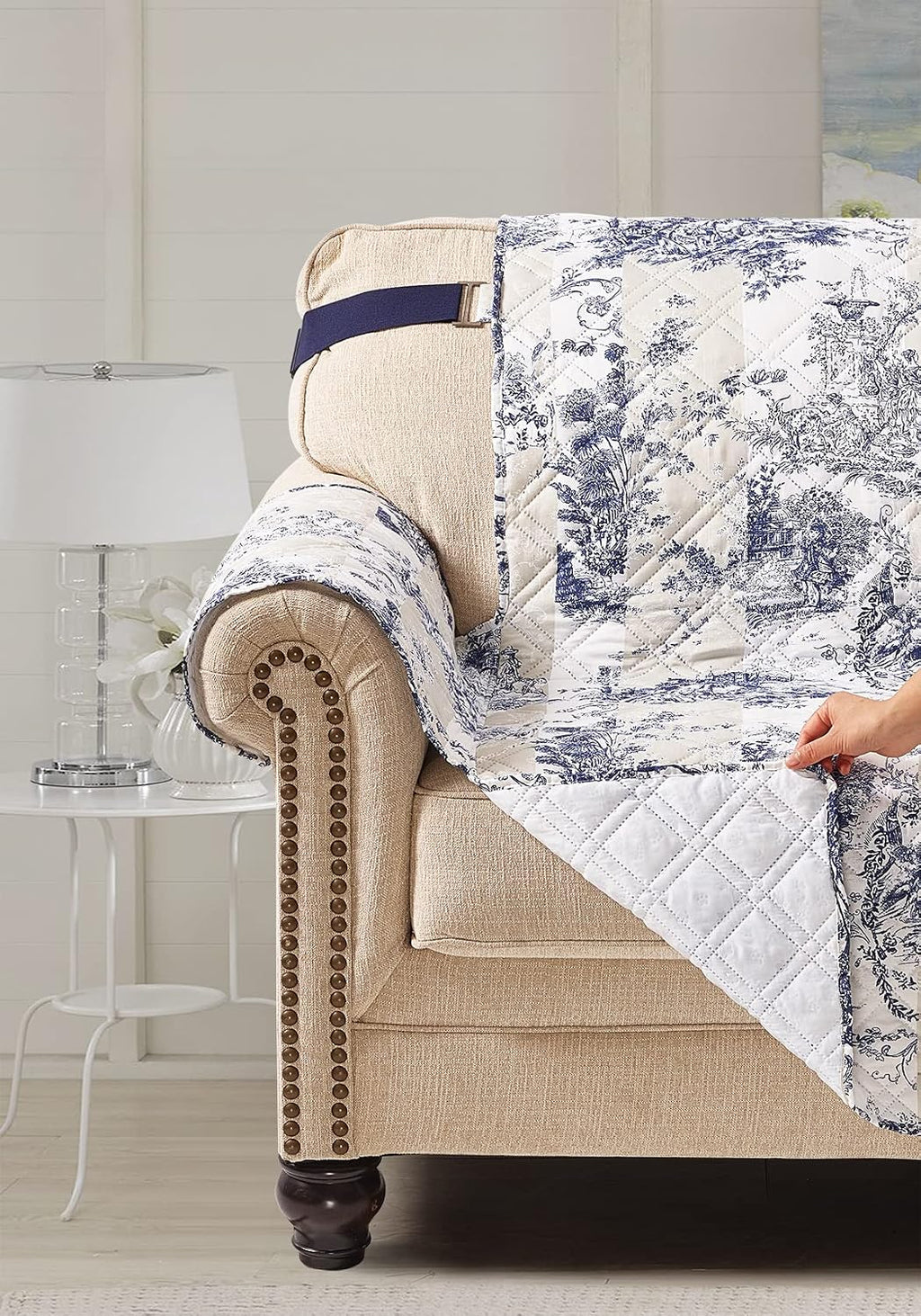 Brilliant Sunshine Blue Toile Couch Loveseat Slip Cover for Dogs