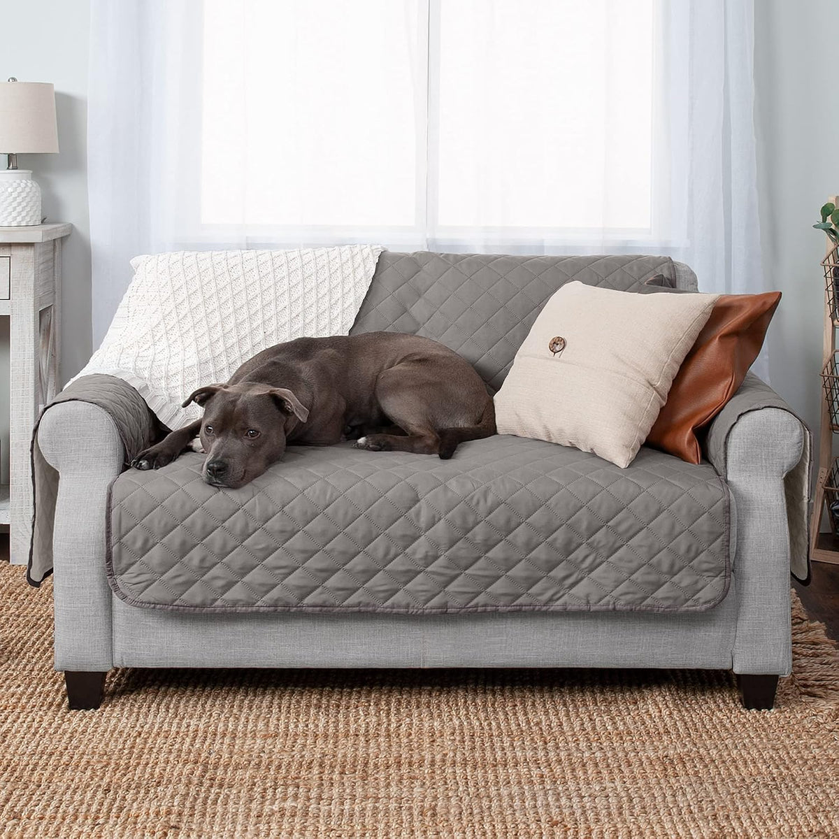 Furhaven Water-Resistant & Reversible Loveseat Cover Protector for Dogs, Cats, & Children - Two-Tone Pinsonic Quilted Living Room Furniture Cover - Gray/Mist, Loveseat