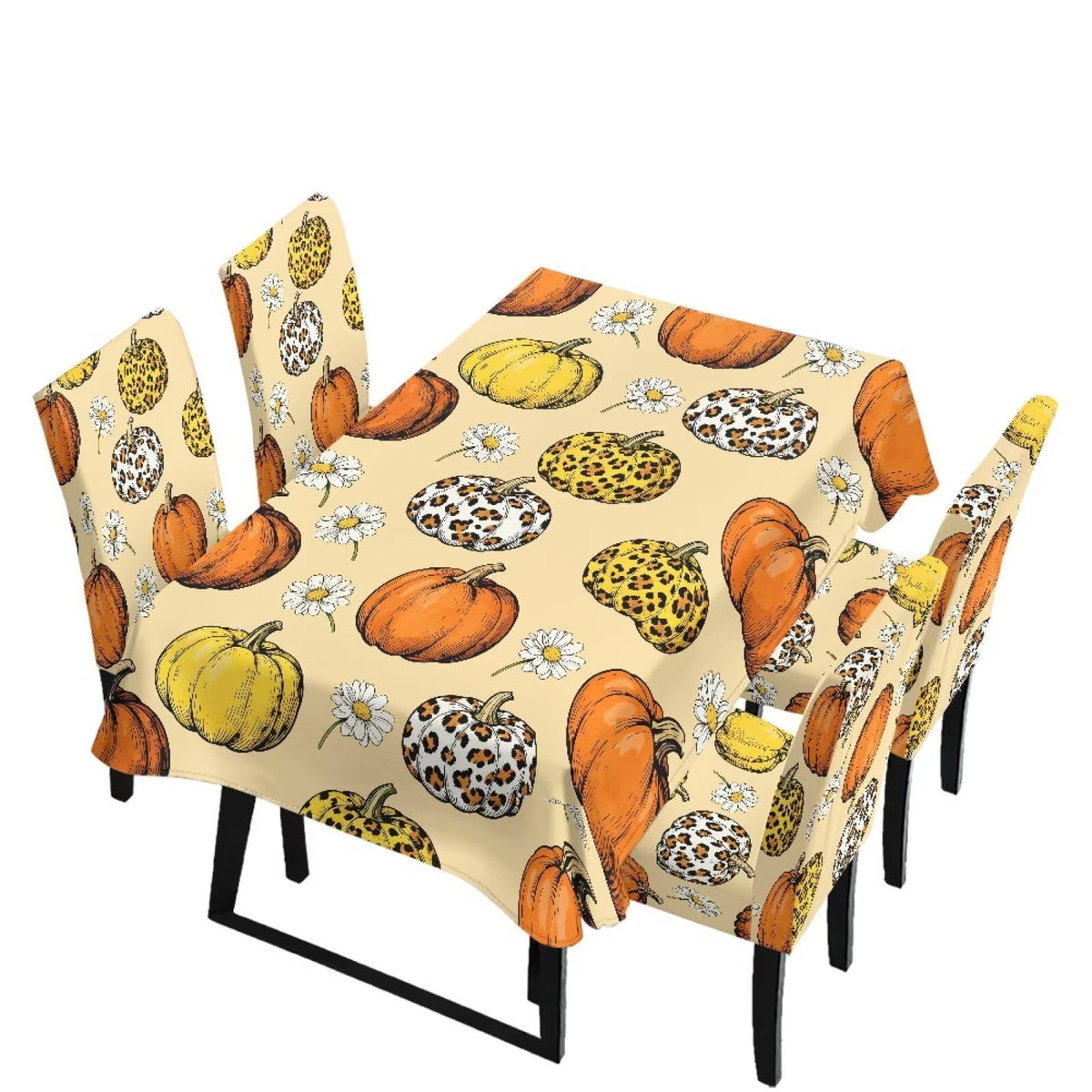 Fall Pumpkin Rectangular Table Cloth & Dining Chair Covers Set of 7, Stain Resistant Wipeable Chair Protectors for Farmhouse Rustic Home Kitchen Party Decor