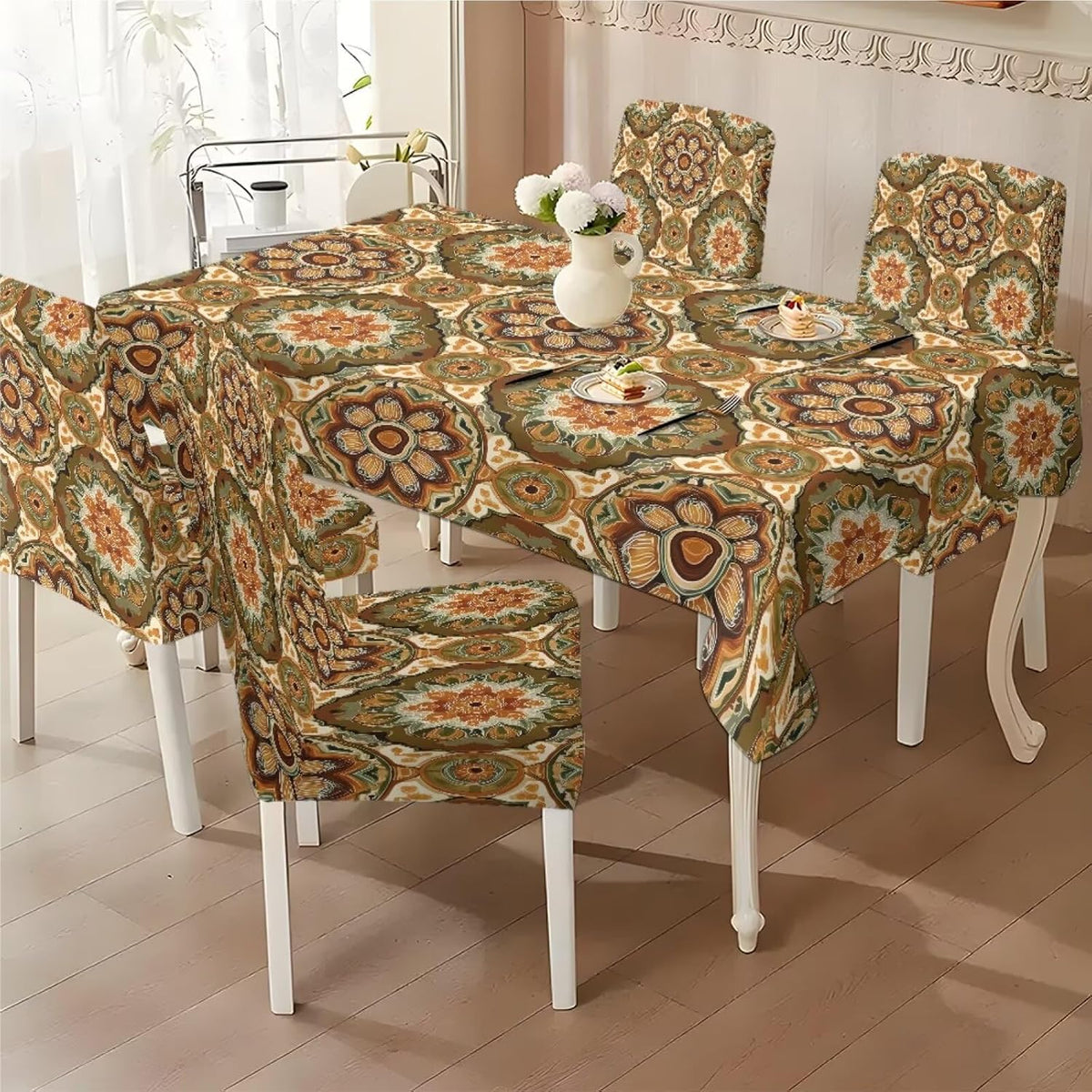 Table Cloth and Dining Chair Covers Set of 5, Kitchen Chair Slipcovers Rectangle Table Cover, Removable Anti-dust Tablecloths Stain Resistant Soft Hotel Decor, Retro Geometry Flower