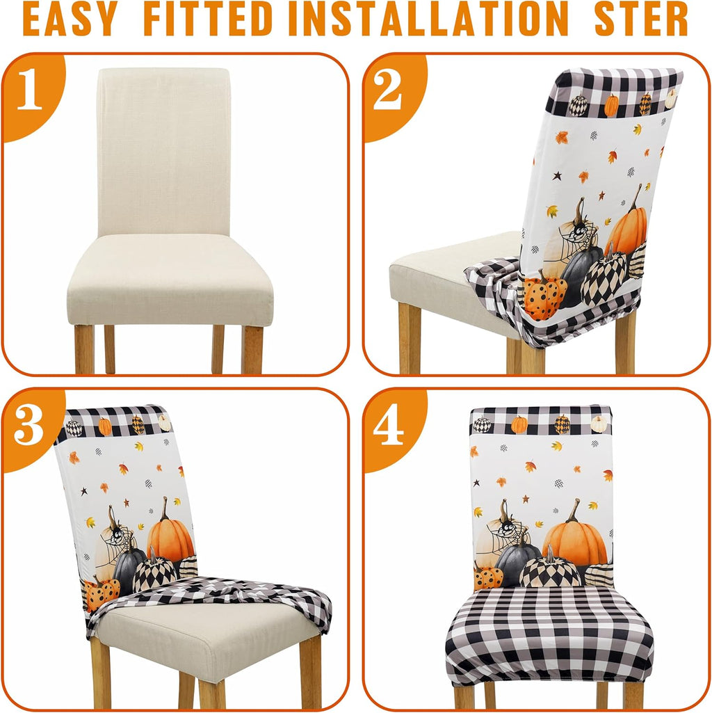 Halloween Chair Covers Set of 4, Fall Pumpkin Black/White Buffalo Plaid Chairs Slipcover for Dining Room, Removable Washable Breathable Cover in the Kitchen Restaurant Holiday Decor