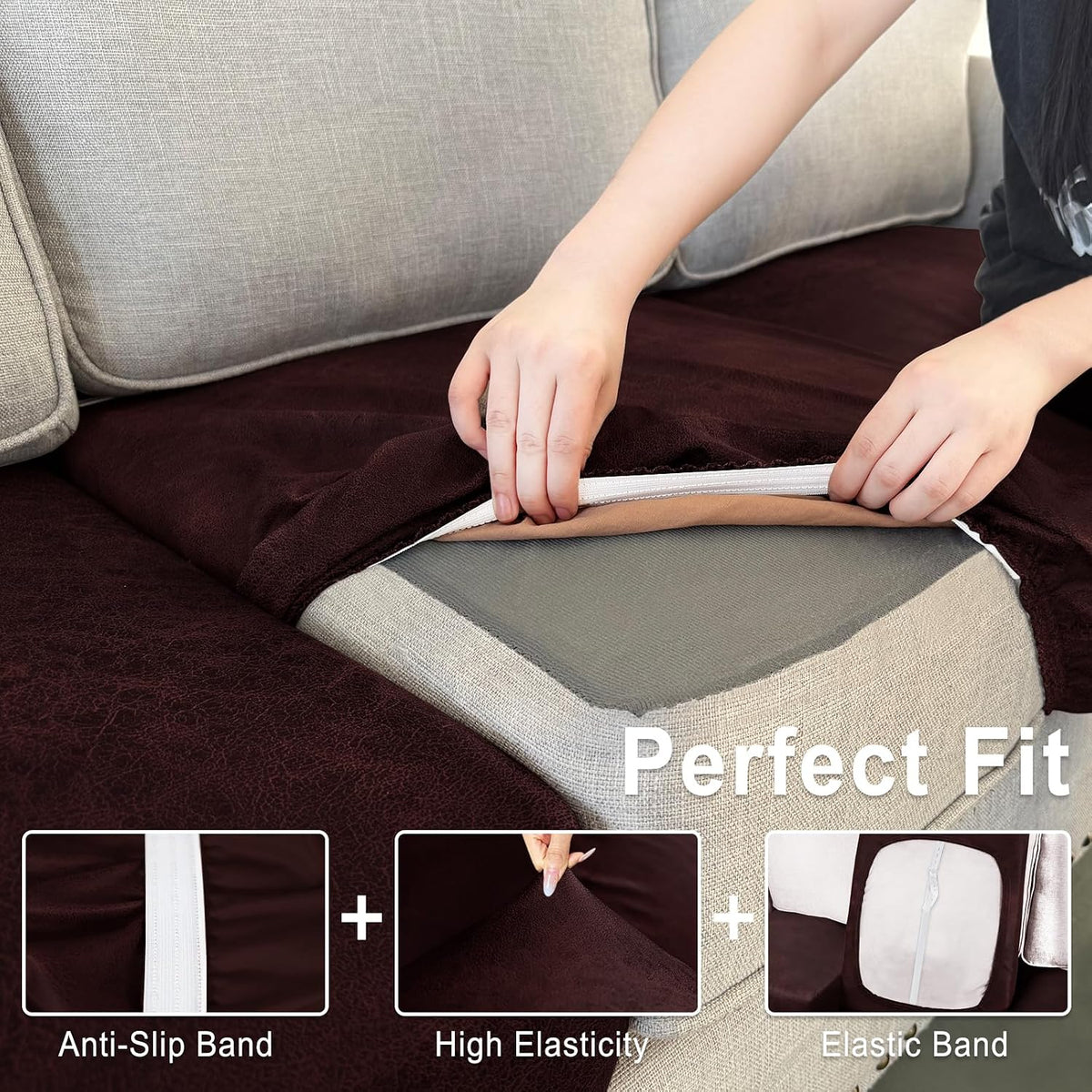ANARACHON Leather Look Couch Cushion Covers Sofa Seat Slipcovers Sets Couches Furniture Protector for Sectional Armchair Loveseat Pets Kids Stretch Spandex Fabric (2 Cushion Loveseat, Burgundy)