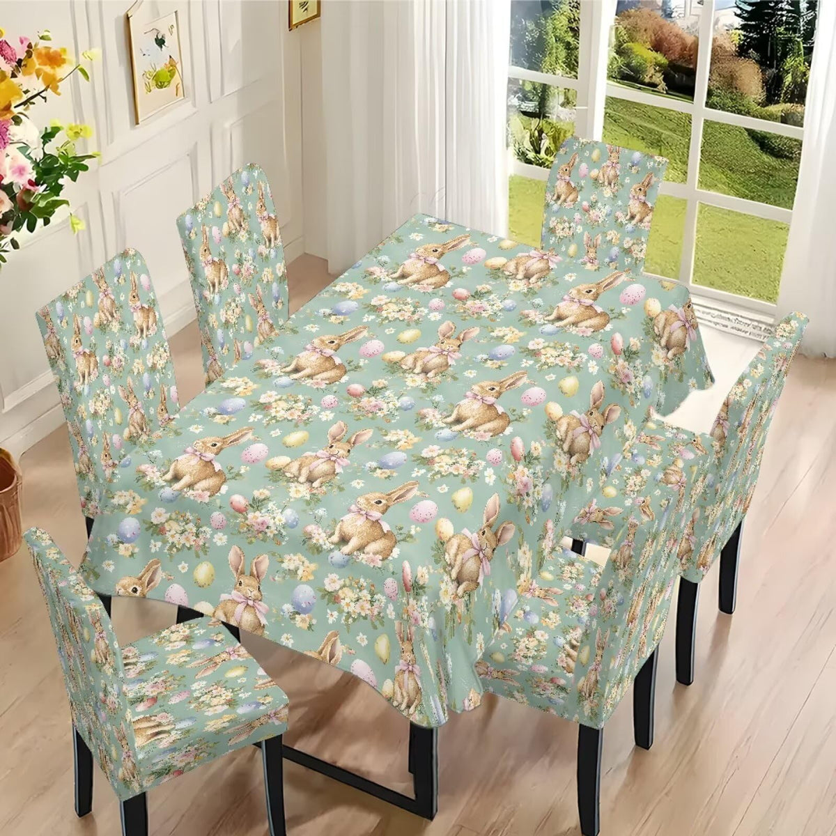 ZDCUSTOM St Patricks Day Table Cloth and Chair Cover Set of 4 Light Green Tablecloths Rectangular Clover Chair Covers for Dining Chairs Stain Resistant Decoration