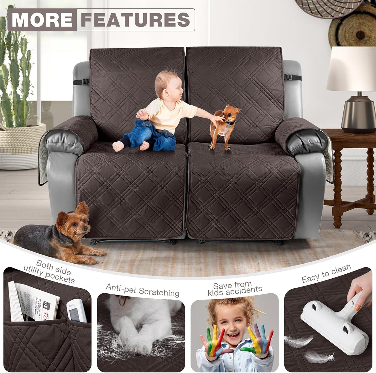 TAOCOCO 100% Waterproof Oversized Loveseat Recliner Cover, Non Slip Split Couch Covers for Reclining Loveseat with Elastic Straps for Kids Pets(Oversized 2 Seater, Chocolate)