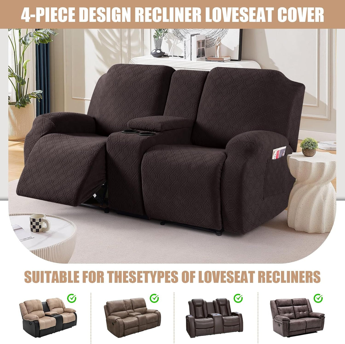 VANSOFY Stretch Recliner Loveseat Cover with Middle Console, Chocolate