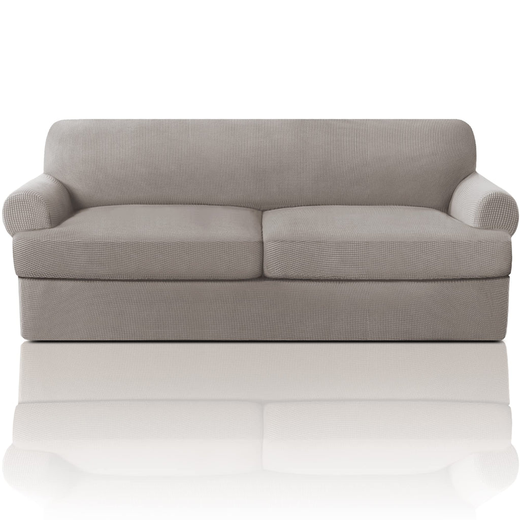 PrinceDeco T Cushion Loveseat Slipcover - 3 Pieces Sofa Cover for 2 Cushion Couch with 2 Individual T Shape Seat Covers Width Up to 76 Inch - Stretch, Machine Washable, Porcelain