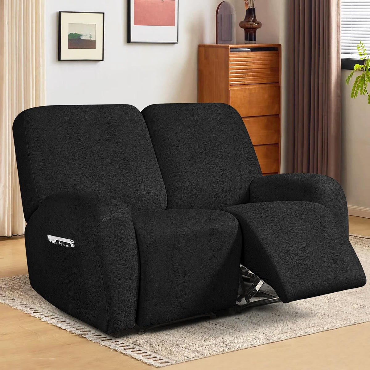 ANARACHON Leather Look Loveseat Recliner Cover, 6-Pieces Stretch Dual Recliner Sofa Covers, Soft Reclining Couch Slipcover, Washable Furniture Protector for Pets (2 Seater,256 Black)