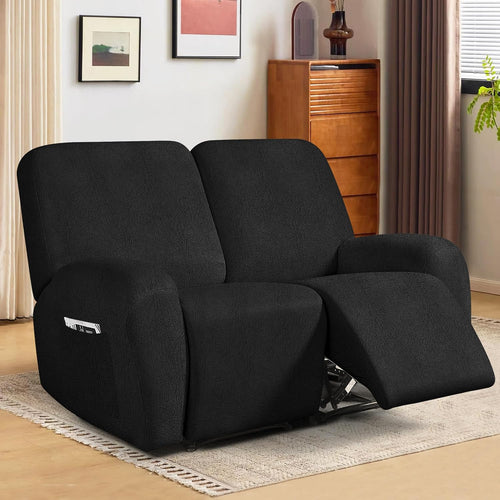 ANARACHON Leather Look Loveseat Recliner Cover, 6-Pieces Stretch Dual Recliner Sofa Covers, Soft Reclining Couch Slipcover, Washable Furniture Protector for Pets (2 Seater,256 Black)