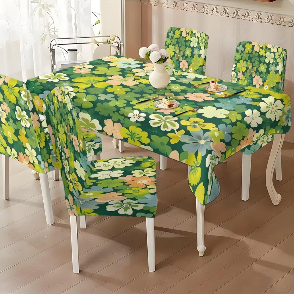 Stretch Dining Table Cloth and Chair Covers Set, 4 Seater Table Cover Anti-Wrinkle Parsons Chair Slipcovers Machine Washable Seat Protector for St. Patrick's Day Decor, Green Shamrock