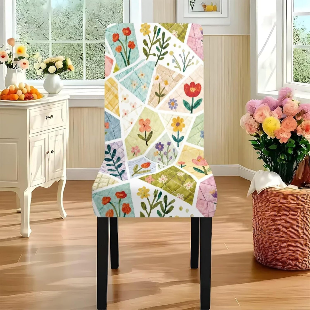 5 Pcs Table Cover Chair Covers Set Coloful Floral Dustproof Kitchen Seat Covers Set of 4 with Table Cover for Home Decor Soft Furniture Protector for Wedding Party Banquet