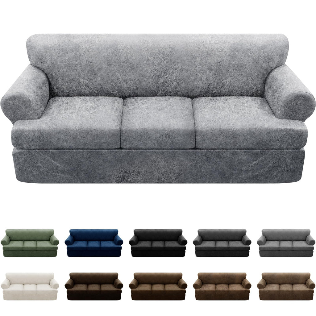 3-Pieces T Cushion Loveseat Slipcovers Leather Look Couch Cover Loveseat Covers for 2 Cushion Couch Furniture Protector Stretch Sofa Cover with 2 Individual T Cushion Seat Covers, Brown