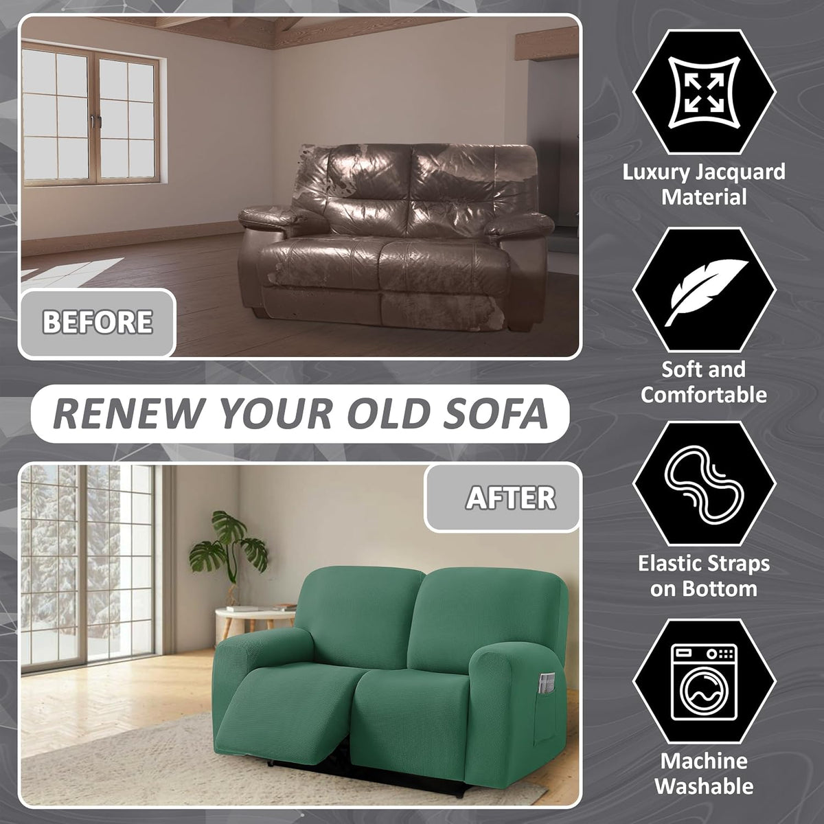 ULTICOR Jacquared Design, Reclining Loveseat Slipcover, 48" - 65" L, 2 Seat 6-Piece Recliner Cover, Washable (Retro Green)