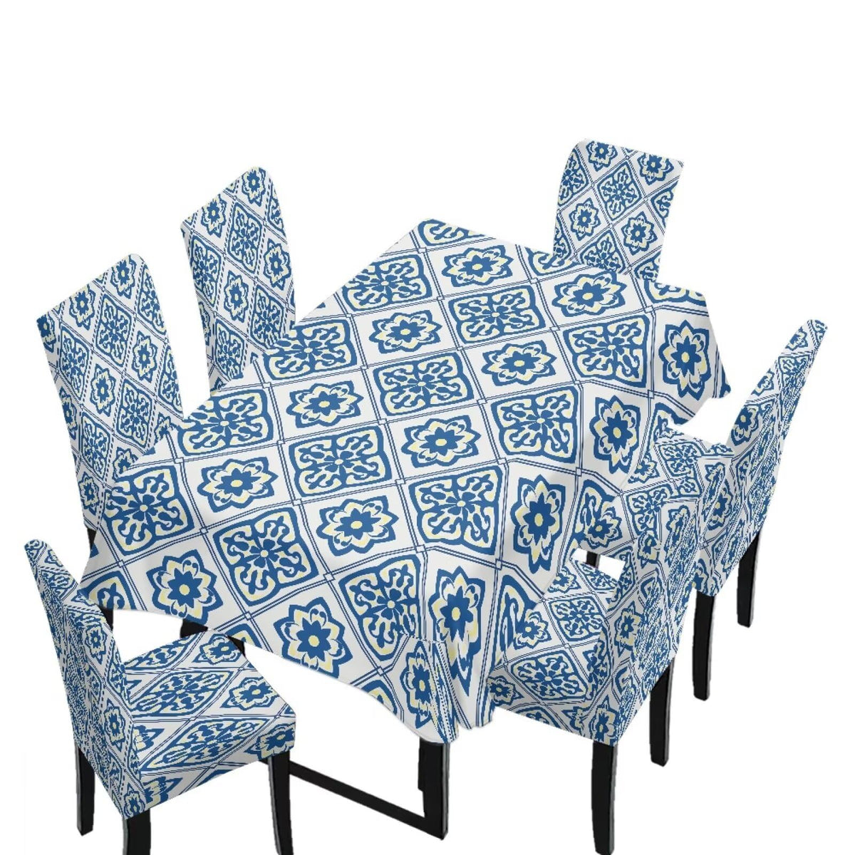 Blue Floral Rectangular Table Cloth & Dining Chair Covers Set of 5, Stain Resistant Wipeable Chair Protectors for Farmhouse Rustic Home Kitchen Party Decor